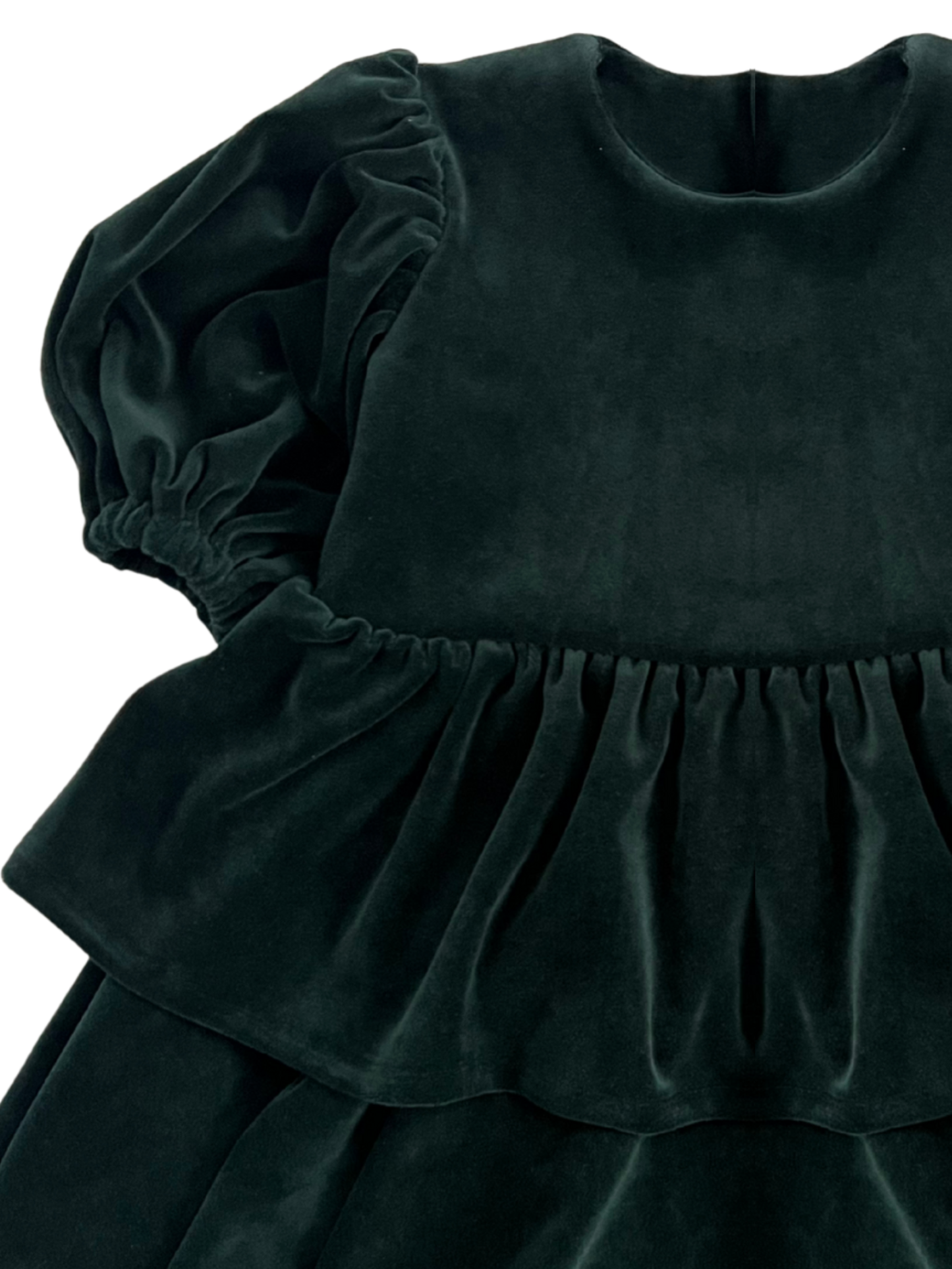 Welurowa sukienka z falbankami i kokardą- butelkowa zieleń