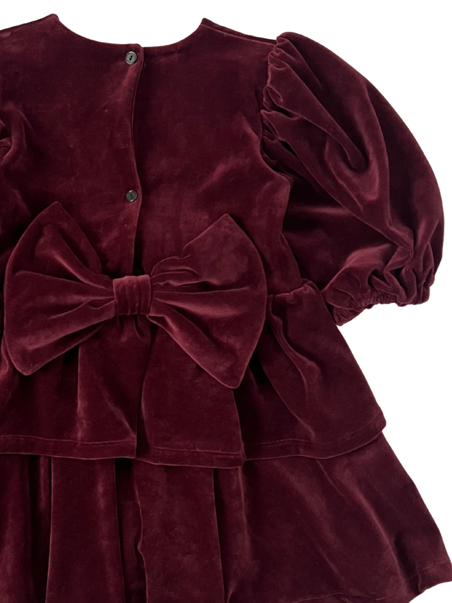 Welurowa sukienka z falbankami i kokardą- bordowa