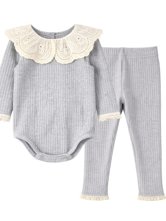 Prążkowane body/bluzka z koronkowym kołnierzykiem - szary melanż