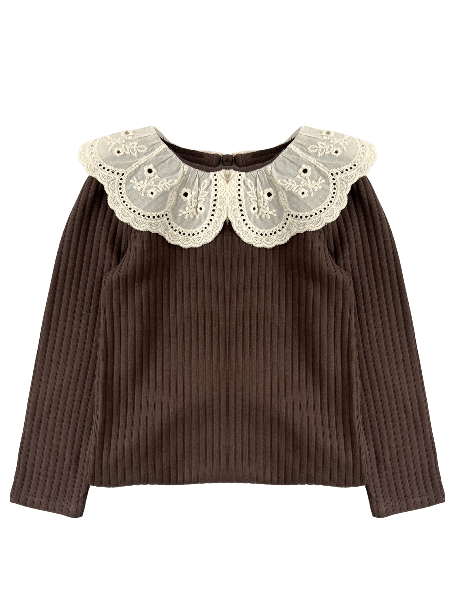 Prążkowane body/bluzka z koronkowym kołnierzykiem - brązowe