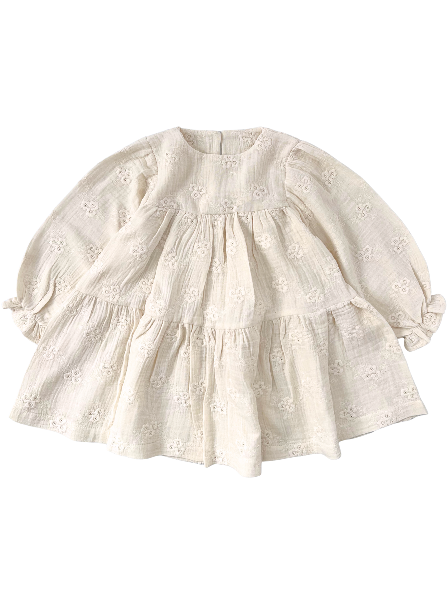 Haftowana sukienka z koronkowym kołnierzem - kremowa