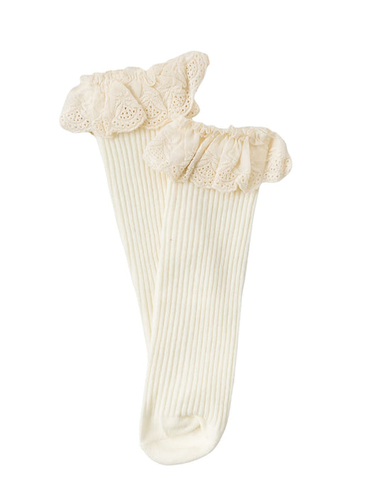 Kremowe podkolanówki z koronką