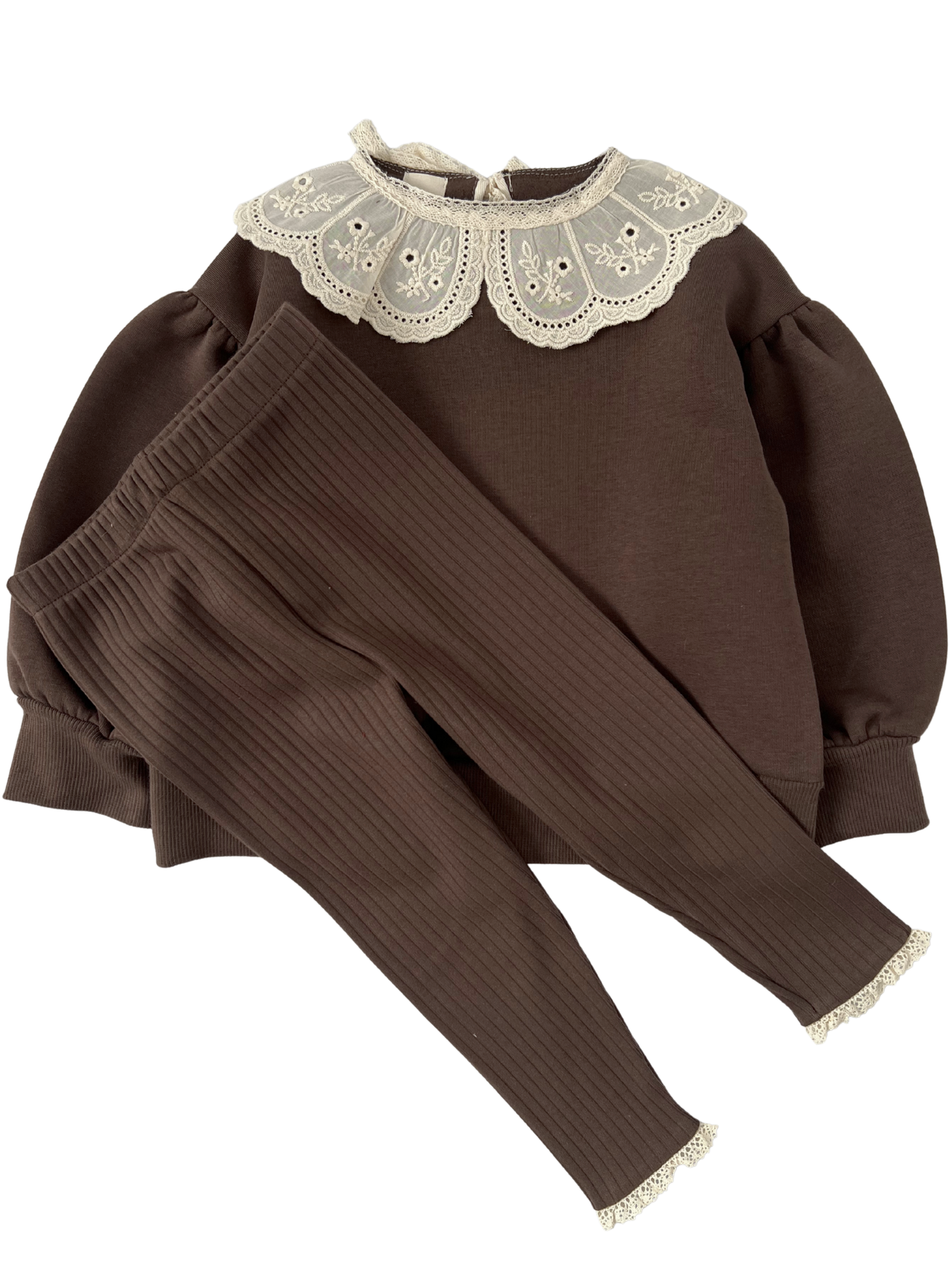 Prążkowane legginsy z koronką -brązowe