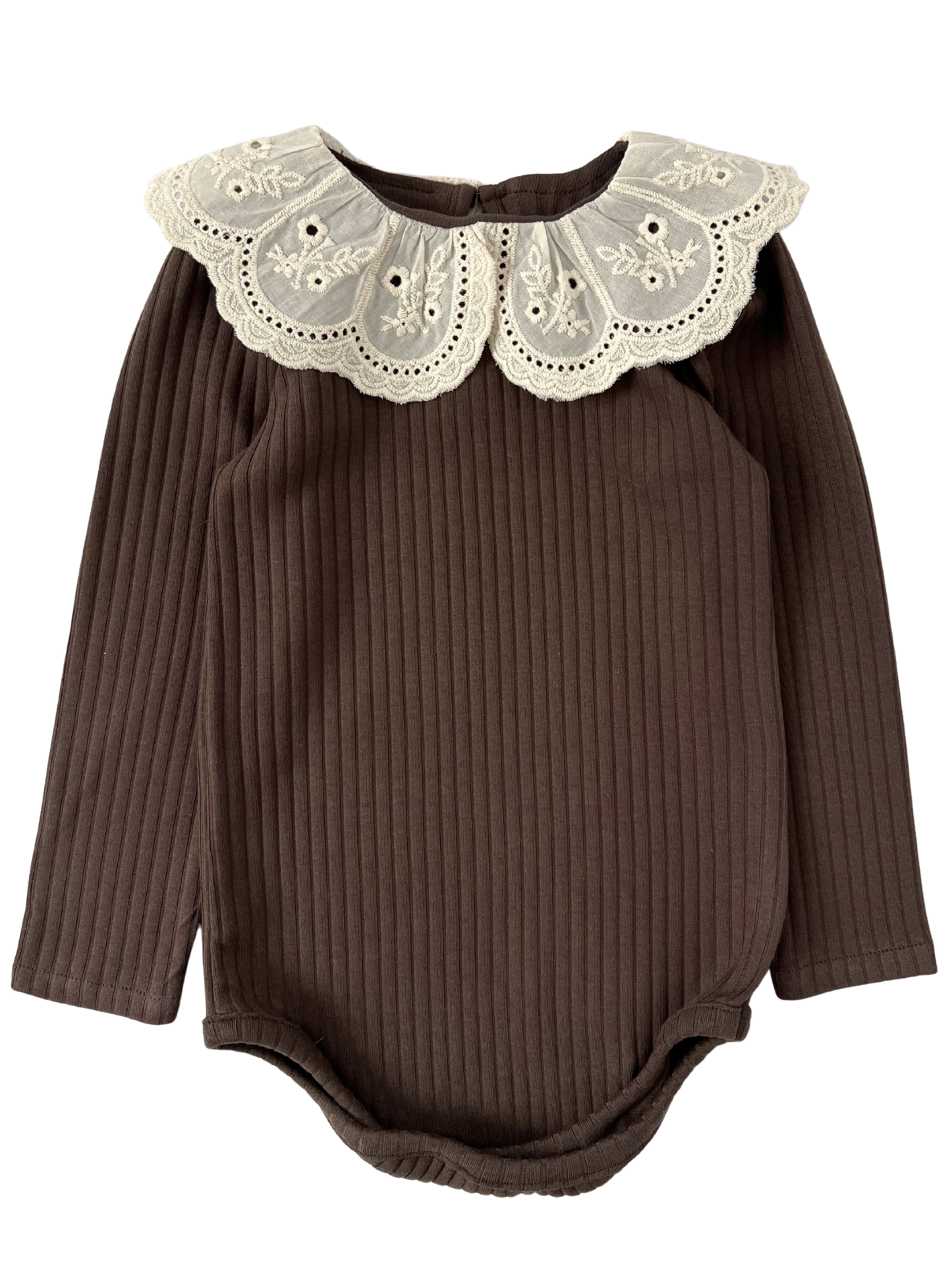 Prążkowane body/bluzka z koronkowym kołnierzykiem - brązowe