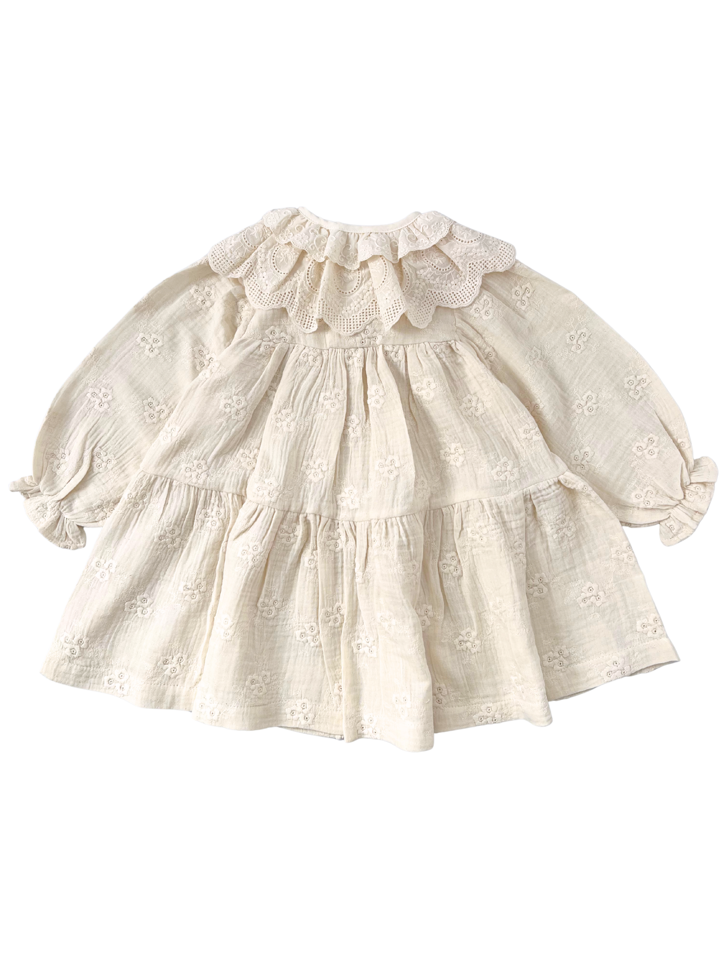 Haftowana sukienka z koronkowym kołnierzem - kremowa