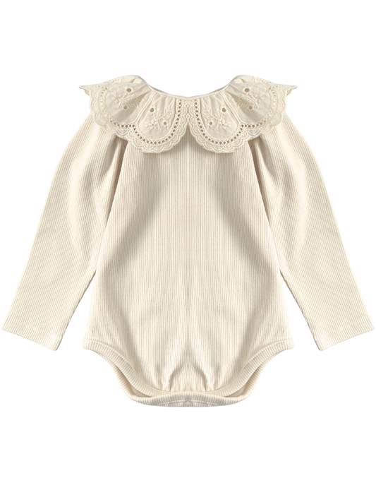 Prążkowane body/bluzka z koronkowym kołnierzykiem -kremowe