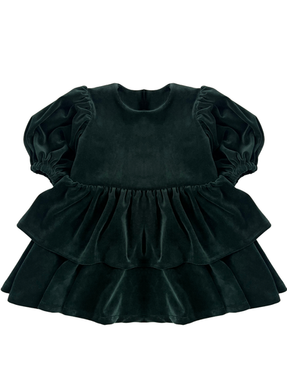 Welurowa sukienka z falbankami i kokardą- butelkowa zieleń