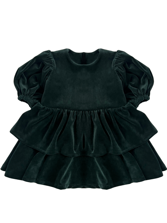 Welurowa sukienka z falbankami i kokardą- butelkowa zieleń