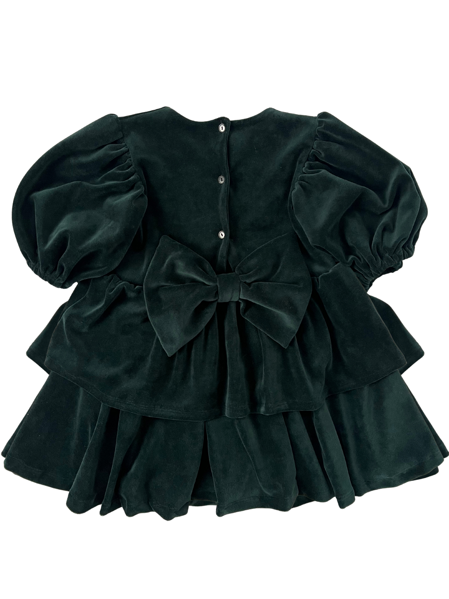 Welurowa sukienka z falbankami i kokardą- butelkowa zieleń