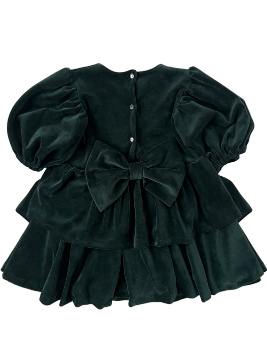 Welurowa sukienka z falbankami i kokardą- butelkowa zieleń