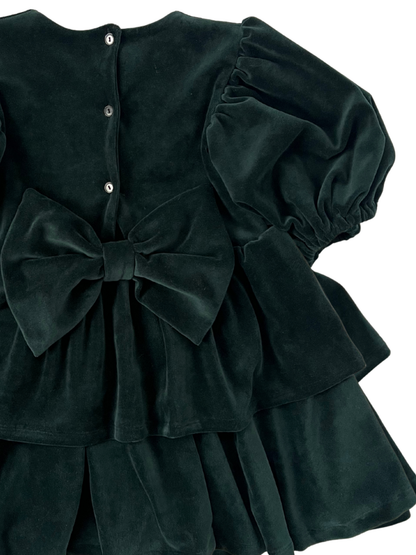 Welurowa sukienka z falbankami i kokardą- butelkowa zieleń