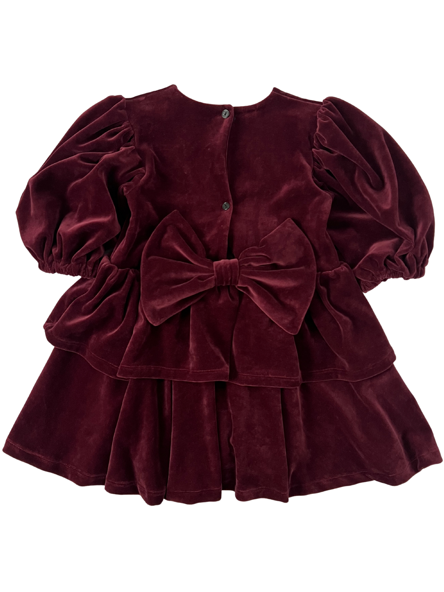 Welurowa sukienka z falbankami i kokardą- bordowa