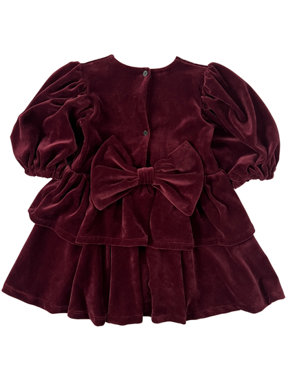 Welurowa sukienka z falbankami i kokardą- bordowa