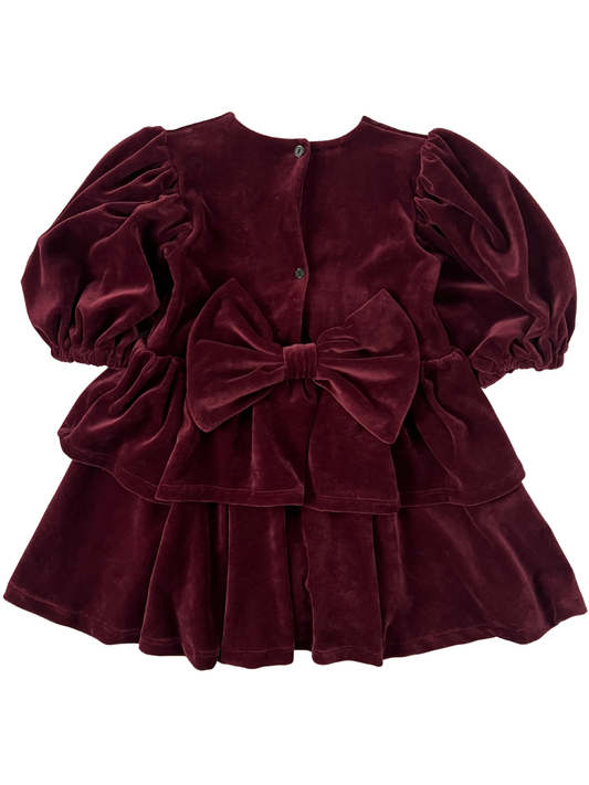 Welurowa sukienka z falbankami i kokardą- bordowa