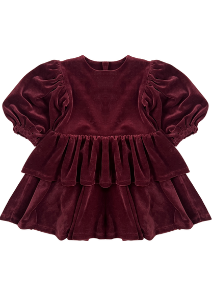 Welurowa sukienka z falbankami i kokardą- bordowa