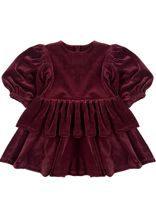 Welurowa sukienka z falbankami i kokardą- bordowa