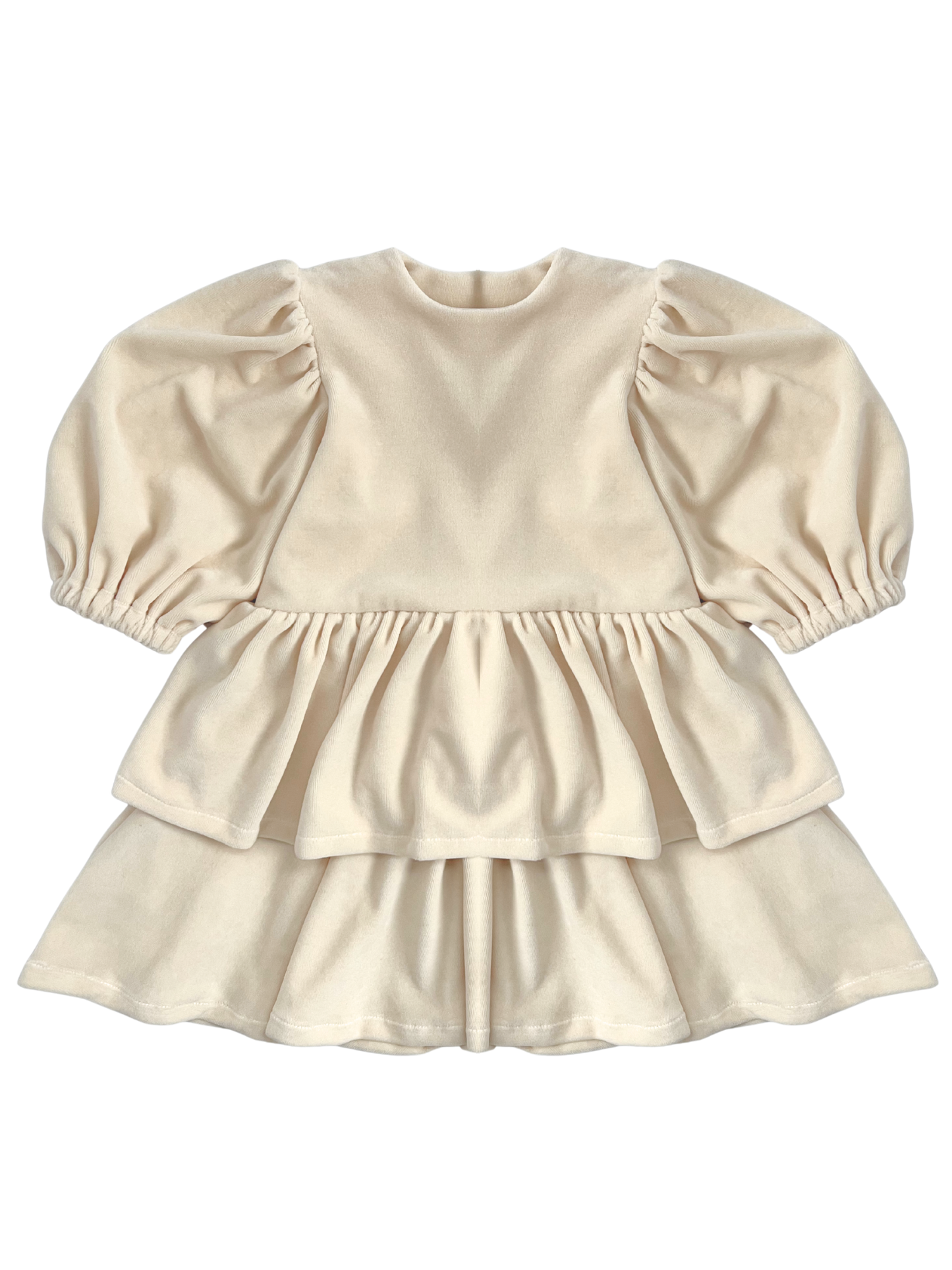 Welurowa sukienka z falbankami i kokardą- kremowa