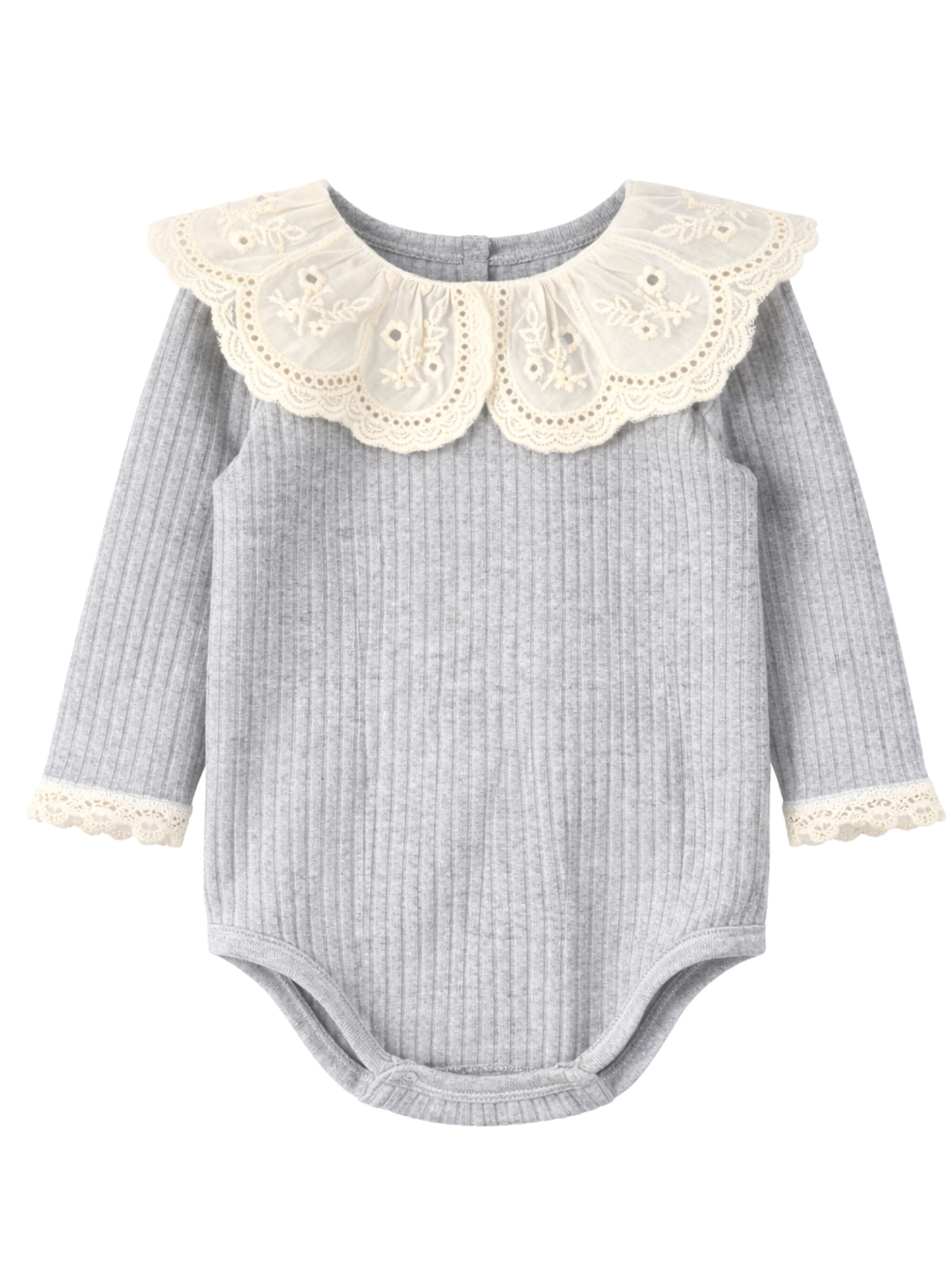 Prążkowane body/bluzka z koronkowym kołnierzykiem - szary melanż