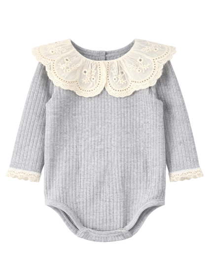 Prążkowane body/bluzka z koronkowym kołnierzykiem - szary melanż