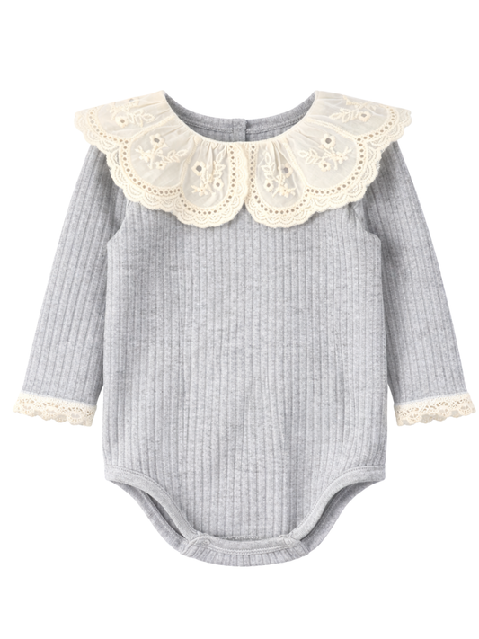 Prążkowane body/bluzka z koronkowym kołnierzykiem - szary melanż