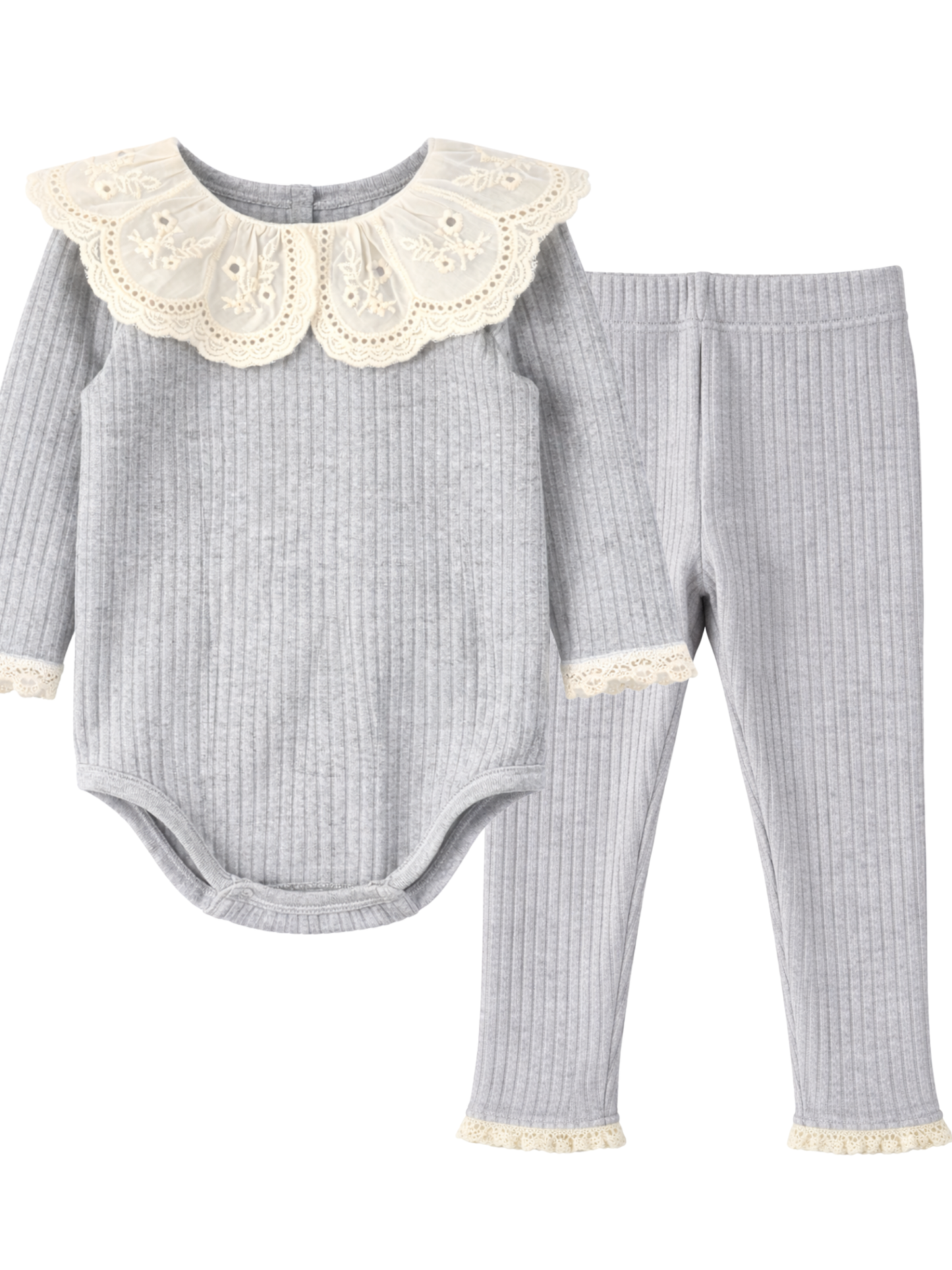 Prążkowane body/bluzka z koronkowym kołnierzykiem - szary melanż