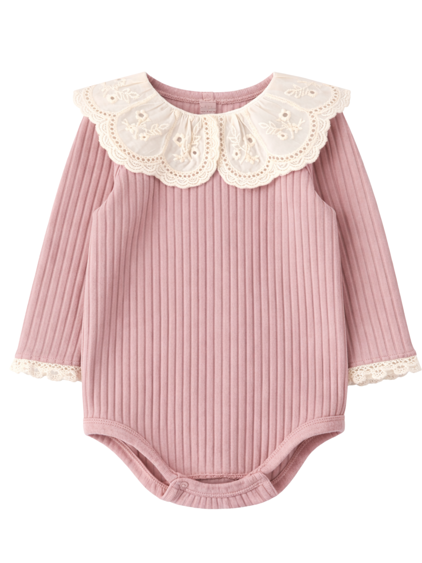 Prążkowane body/bluzka z koronkowym kołnierzykiem - róż