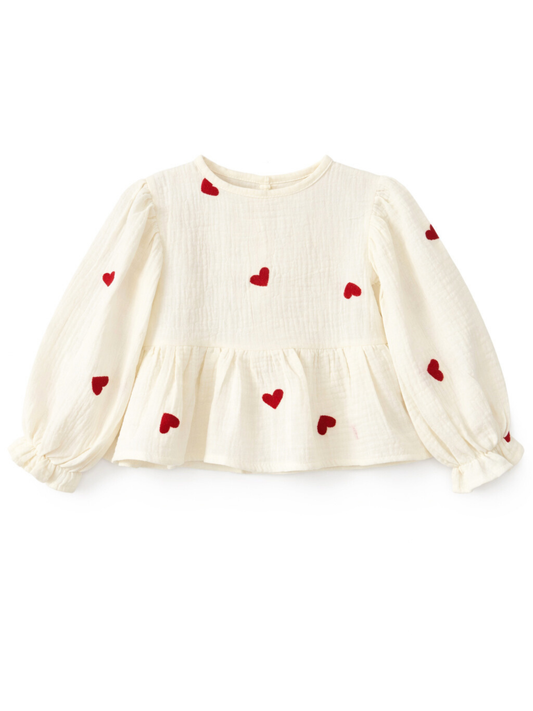 LOVE Bluzka z baskinką w serca - kremowa