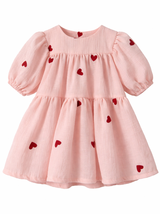 LOVE Sukienka muślinowa w serca różowa
