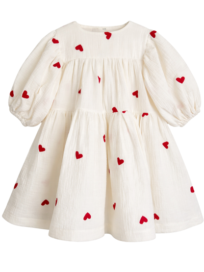 LOVE Sukienka muślinowa w serca kremowa