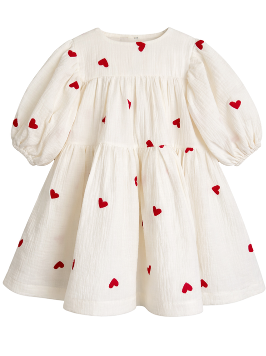 LOVE Sukienka muślinowa w serca kremowa