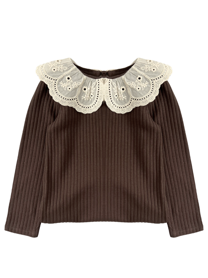 Prążkowane body/bluzka z koronkowym kołnierzykiem - brązowe