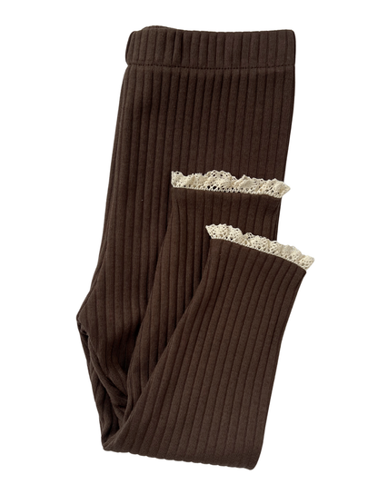 Prążkowane legginsy z koronką -brązowe