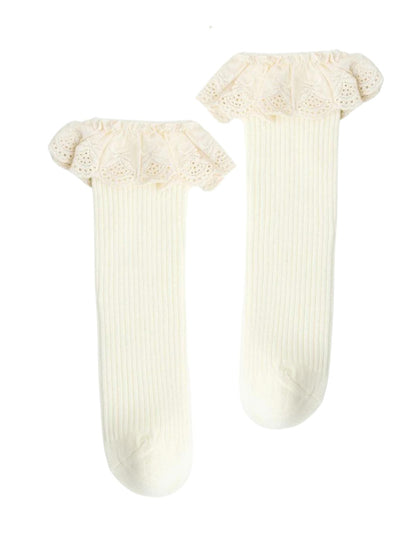 Kremowe podkolanówki z koronką