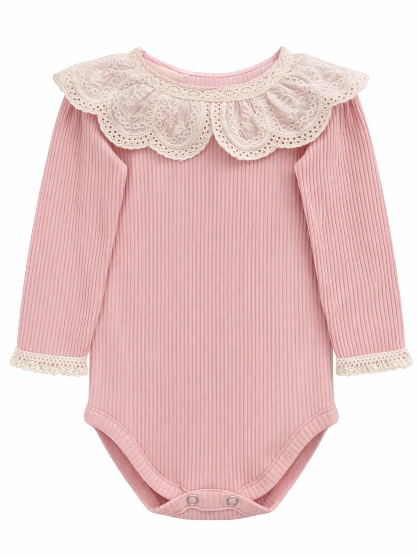 Prążkowane body/bluzka z koronkowym kołnierzykiem - jasny pudrowy róż