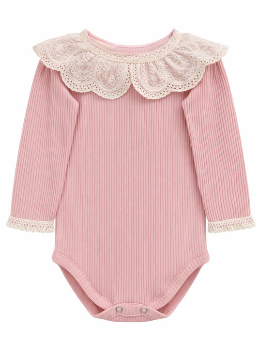 Prążkowane body/bluzka z koronkowym kołnierzykiem - jasny pudrowy róż