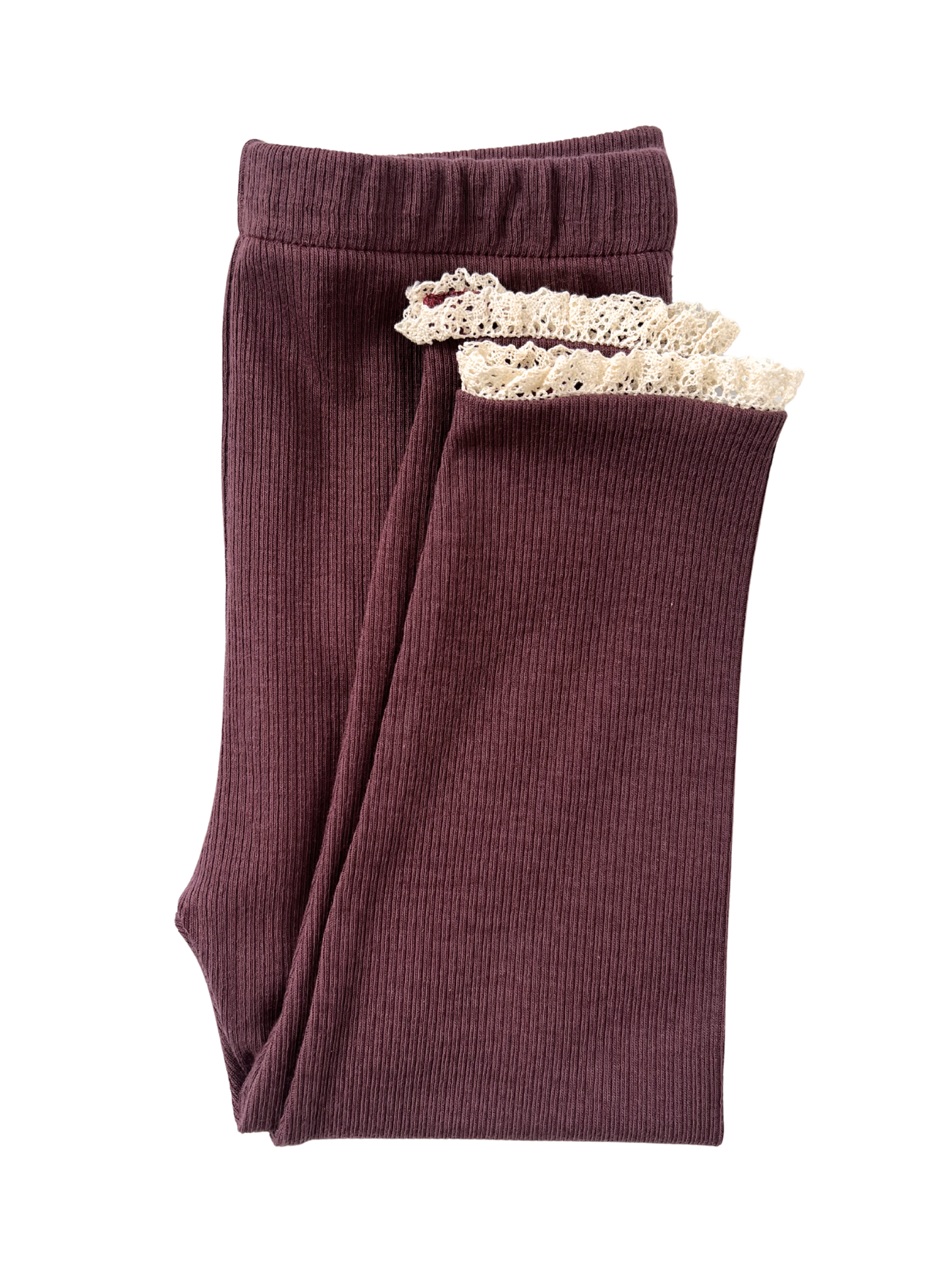 Prążkowane legginsy z koronką -bordowe