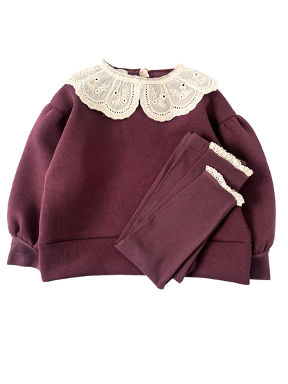 Prążkowane legginsy z koronką -bordowe