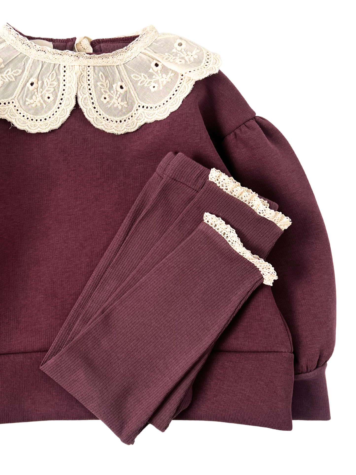 Prążkowane legginsy z koronką -bordowe