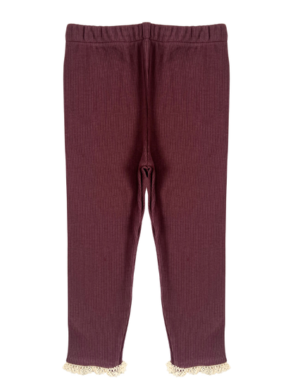 Prążkowane legginsy z koronką -bordowe