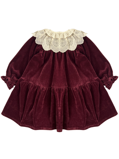 Welurowa sukienka z koronkowym kołnierzem - bordowa