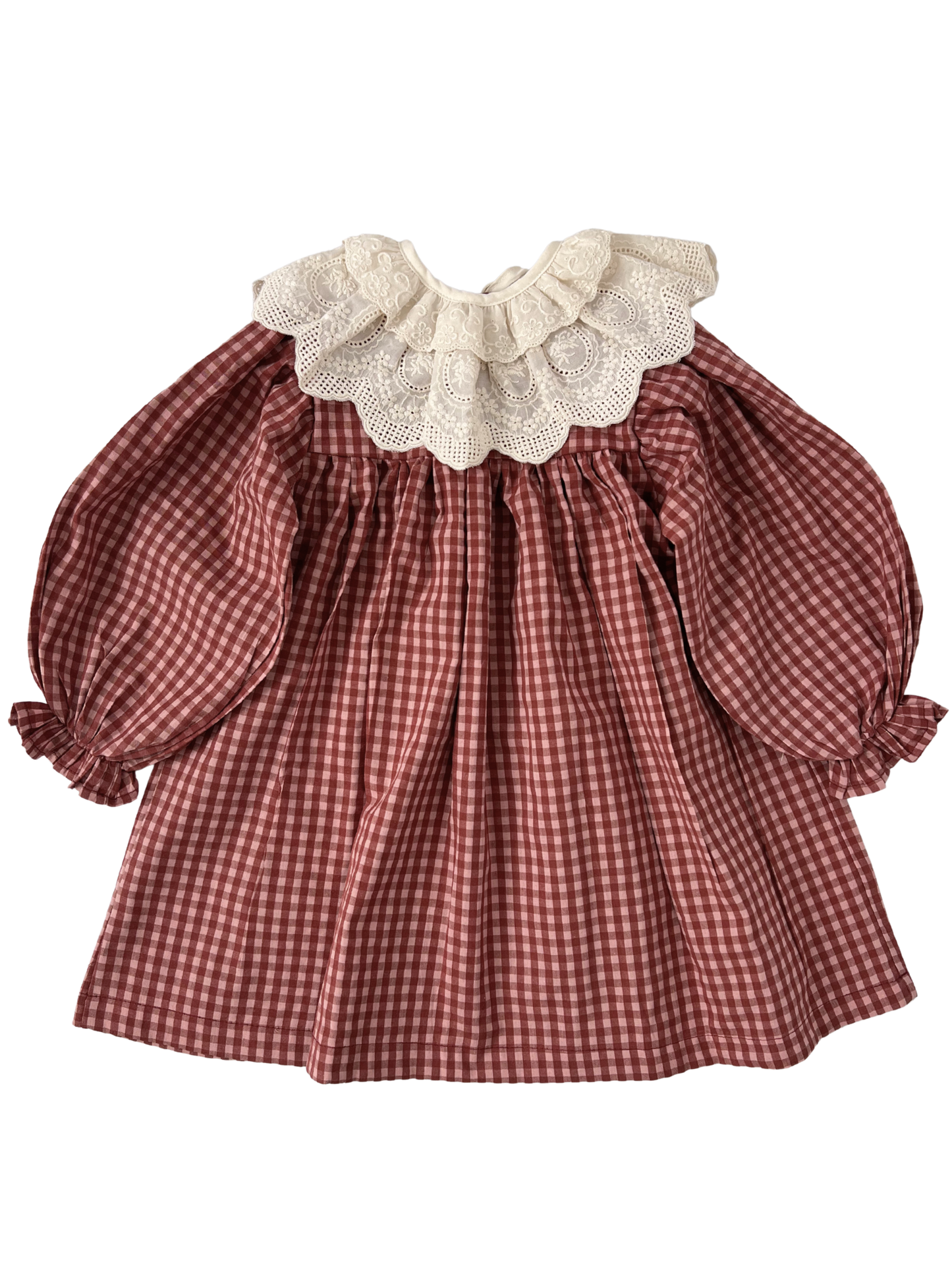 Bawełniana sukienka w kratę z koronkowym kołnierzem