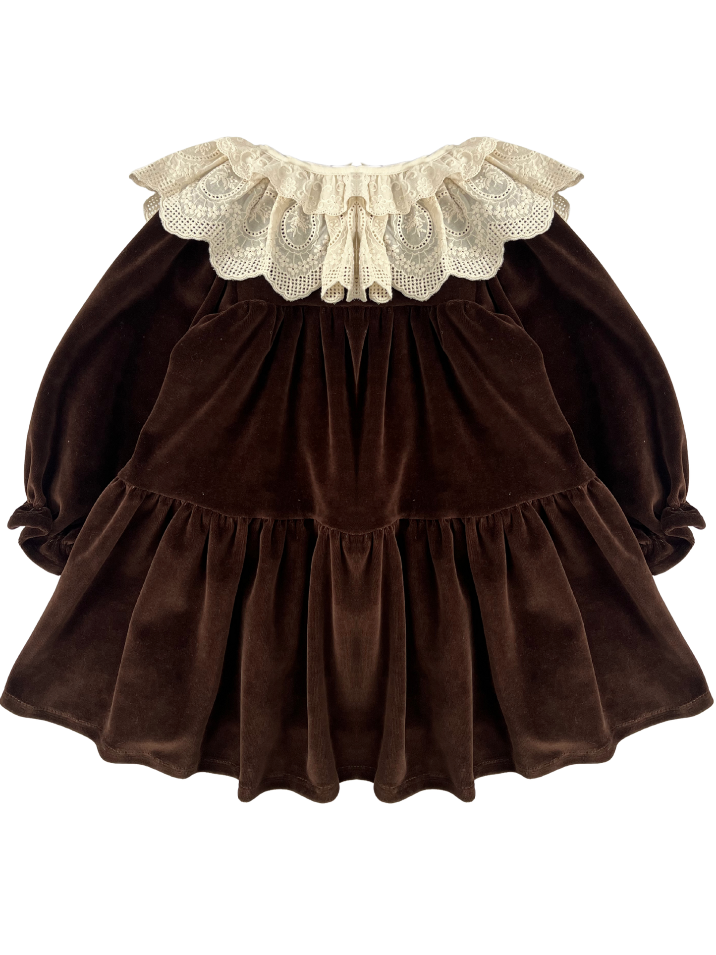 Welurowa sukienka z koronkowym kołnierzem - brązowa