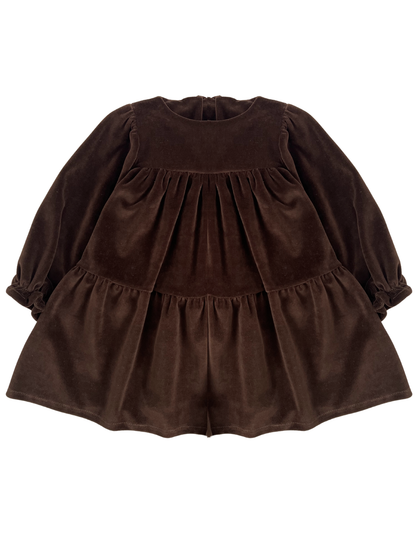 Welurowa sukienka z koronkowym kołnierzem - brązowa