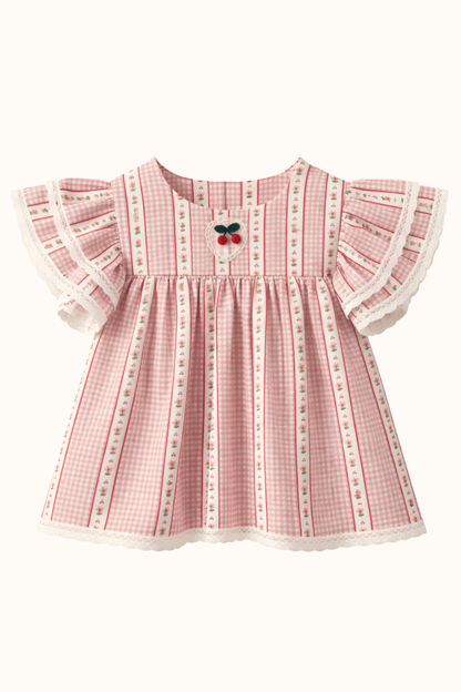 Bluzka vichy chèri pink z koronką