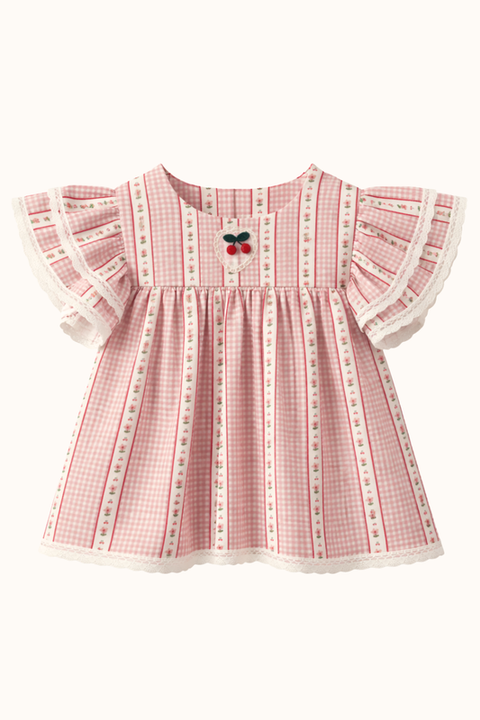 Bluzka vichy chèri pink z koronką